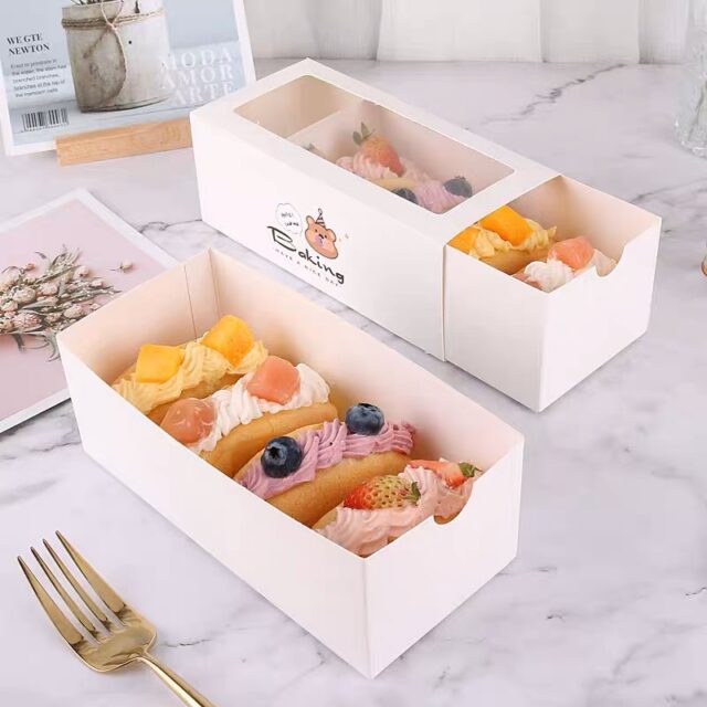 Hộp giấy đựng bánh gato cuộn/cookie/su kem trắng